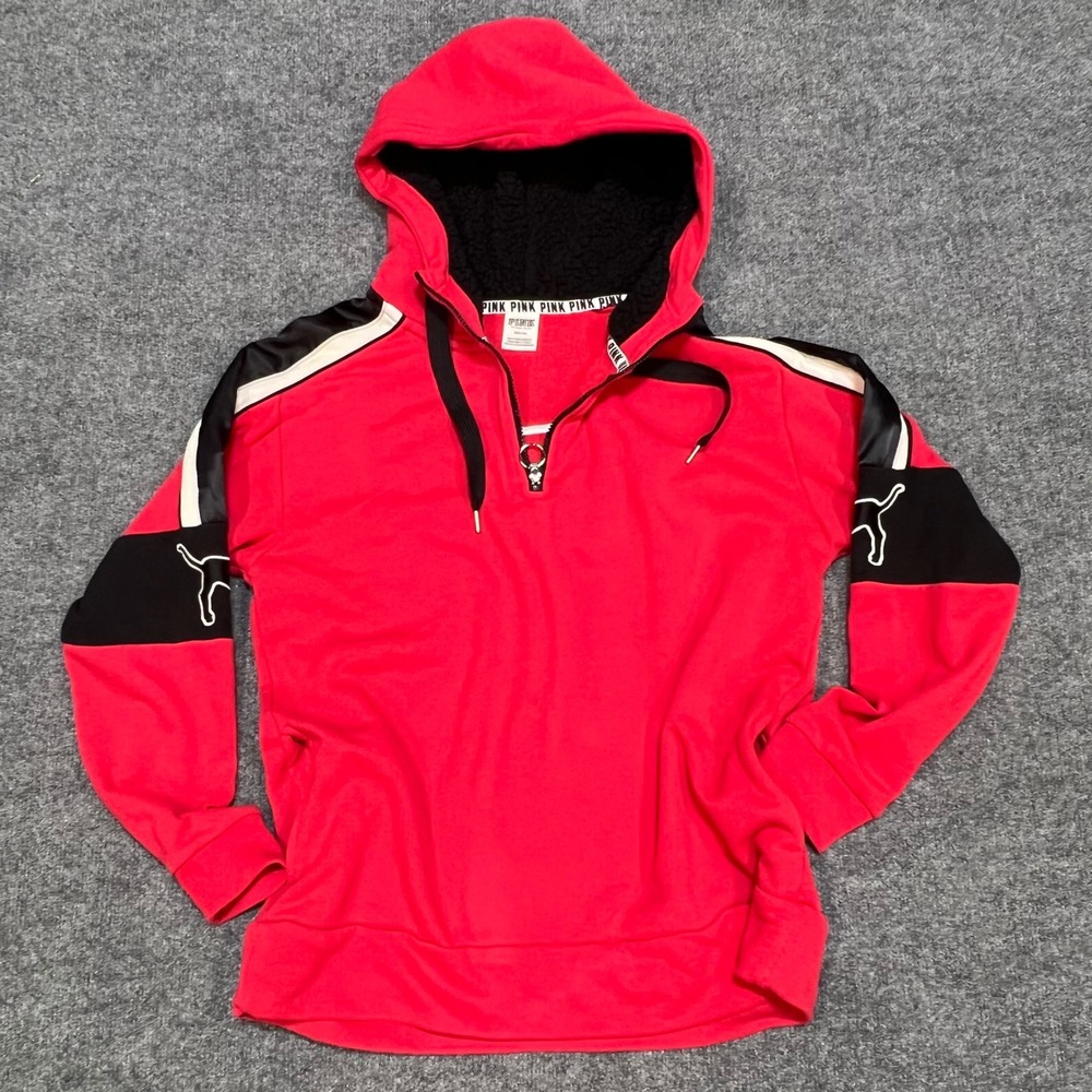 PINK Victoria's Secret Hoodie Womens Medium Red Sherpa Lined Quarter Zip Logo